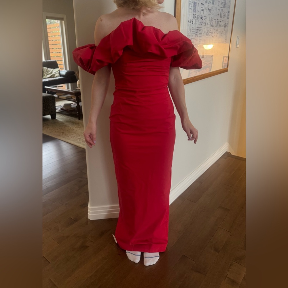 Shona Joy Red Off-Shoulder Ruffle Maxi Dress